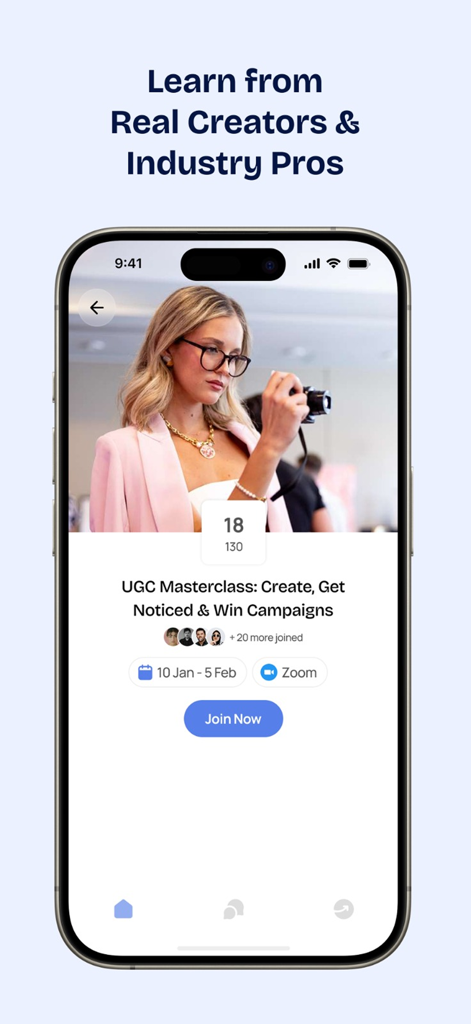 Smartphone screen showing a UGC Masterclass for student creators on the Campus Creator Club app