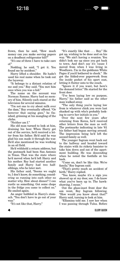 Ellery Queen Mystery Magazine - A two column page layout of a mystery story within the Ellery Queen Mystery Magazine mobile app interface.