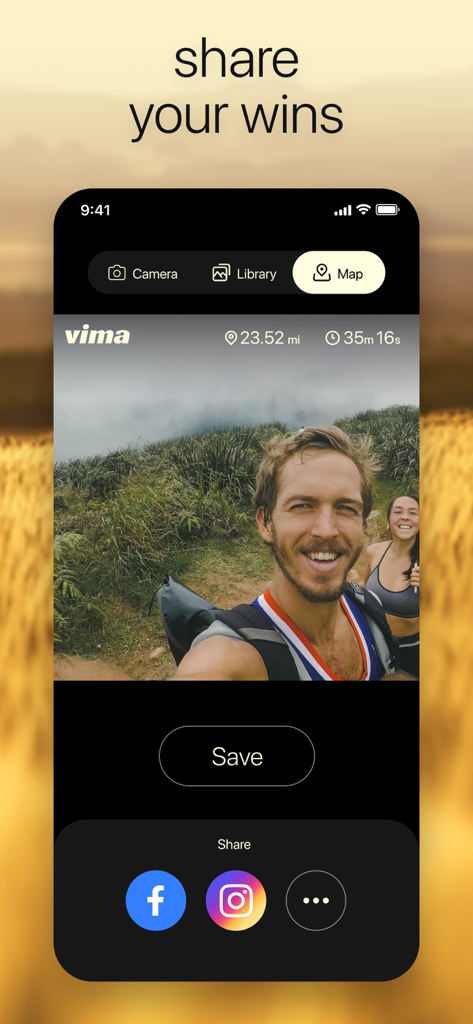 Running Mile Tracker - Vima app screen showing a runners photo with workout stats and social media sharing buttons