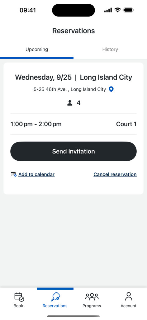 Gotham Pickleball app interface showing upcoming reservations for a court booking in Long Island City