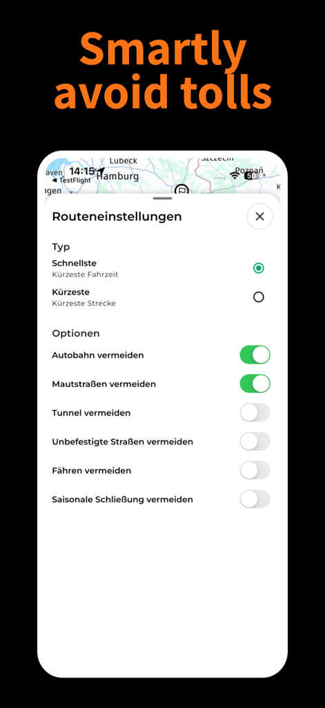 CampPilot Camper Navi - Route settings screen in the CampPilot app showing options to avoid tolls and tunnels