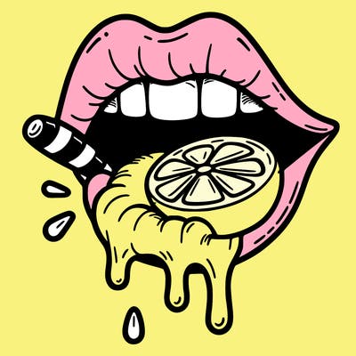 a lip with teeth with a bottom lip with teeth with a lime dripping with juice