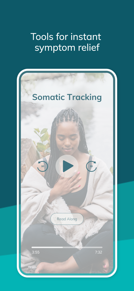 Interface of the Curable app showing a somatic tracking audio exercise for chronic pain relief.