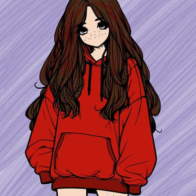 realistic girl with long hair and baggy sweat shirt