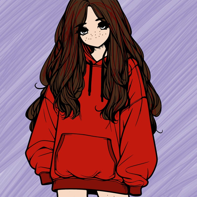 realistic girl with long hair and baggy sweat shirt