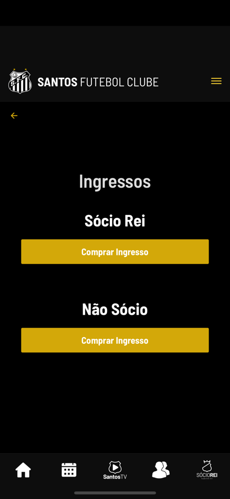 Santos FC - Santos FC mobile app screen for purchasing match tickets with member and non-member options