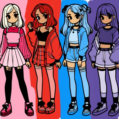 one girl with crop-top shirt and a jacket with a skirt, long socks and another girl with a shirt and pants with a jacket