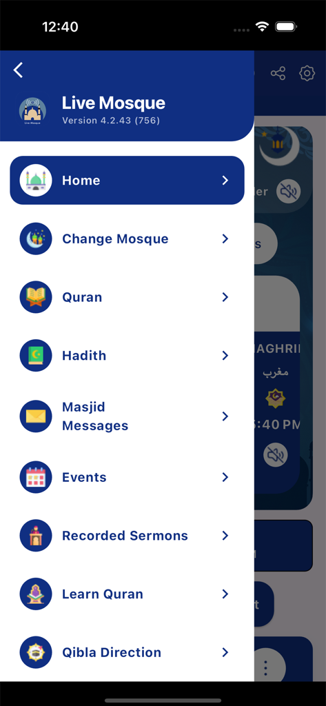 Live Mosque - Sidebar navigation menu of the Live Mosque app showing features like Quran Hadith and Masjid Messages