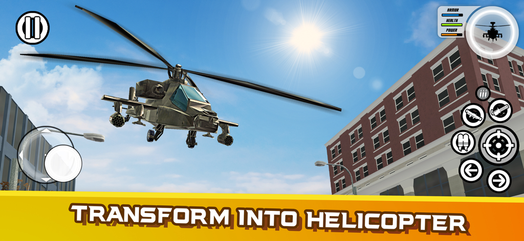 MegaBot - Robot Car Transform - A military helicopter flying through a city environment in the MegaBot action game