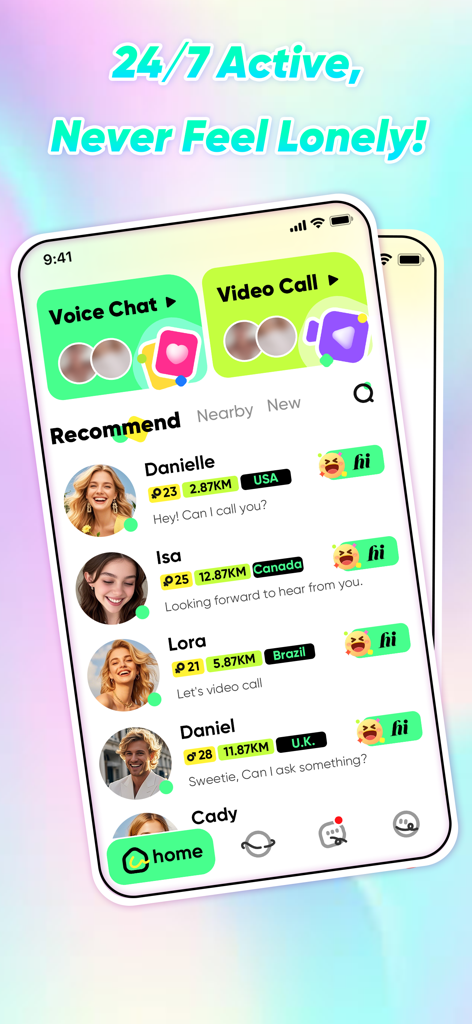 SOYOU app user interface showing recommended profiles for real-time chat and calls