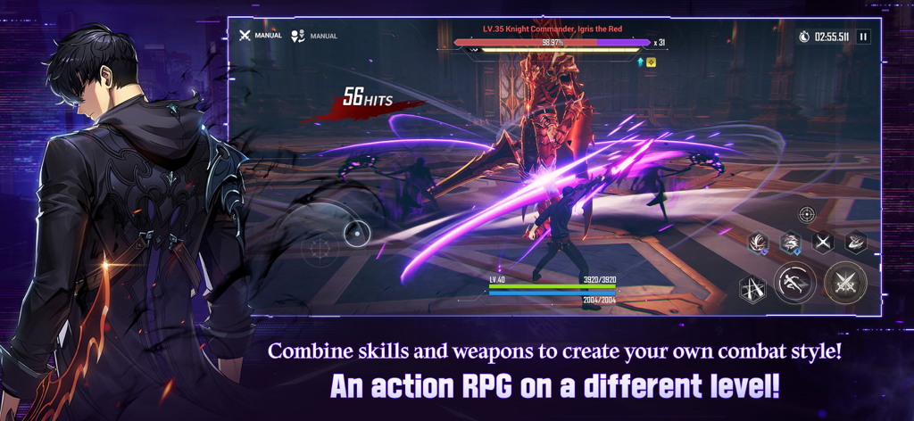 화려한 보라색 스킬 효과로 보스와 싸우는 캐릭터를 보여주는 나 혼자만 레벨업: 어라이즈의 역동적인 전투 게임플레이.