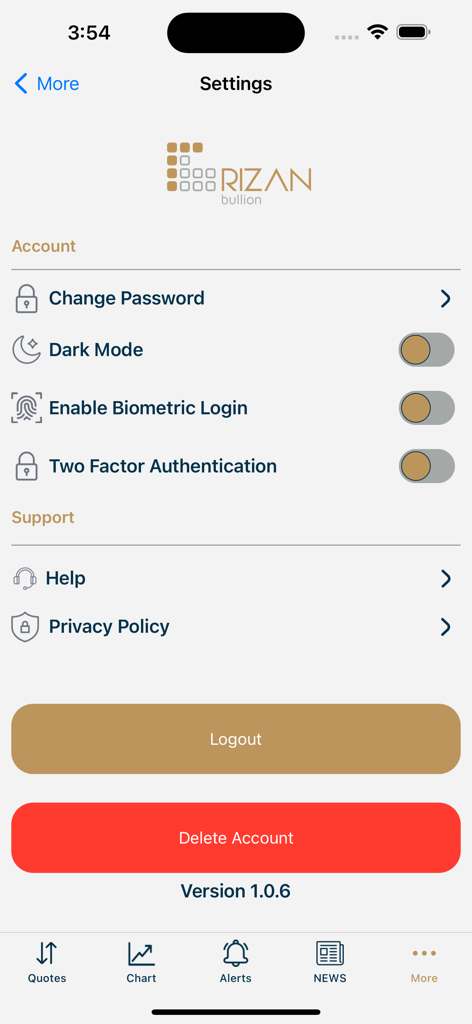 Rizan Bullion Pro - Settings menu for Rizan Bullion Pro app showing account security and support options