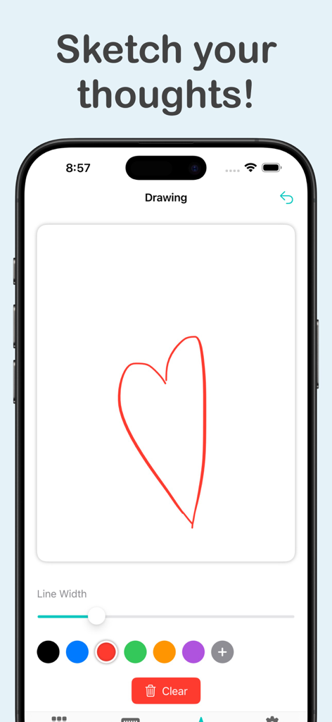 SpeakLink app interface showing a drawing screen with a red heart sketch and color selection buttons