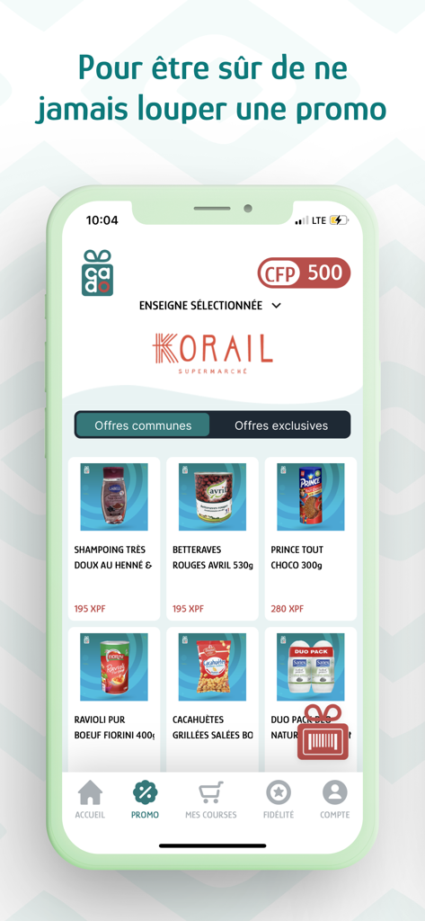 Cado - Cado mobile app screen displaying grocery promotions and loyalty points for Korail supermarkets