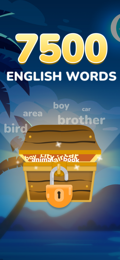 A treasure chest overflowing with English vocabulary words illustrating the 7500 word learning goal.