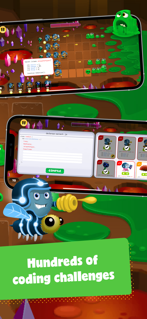 Bug World by Kodable - Bug World by Kodable game screens showing coding interfaces and strategy gameplay