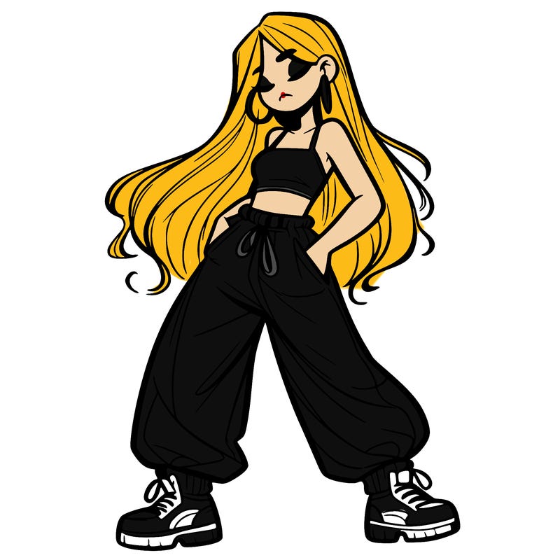 girl in baggy pants crop top and long hair