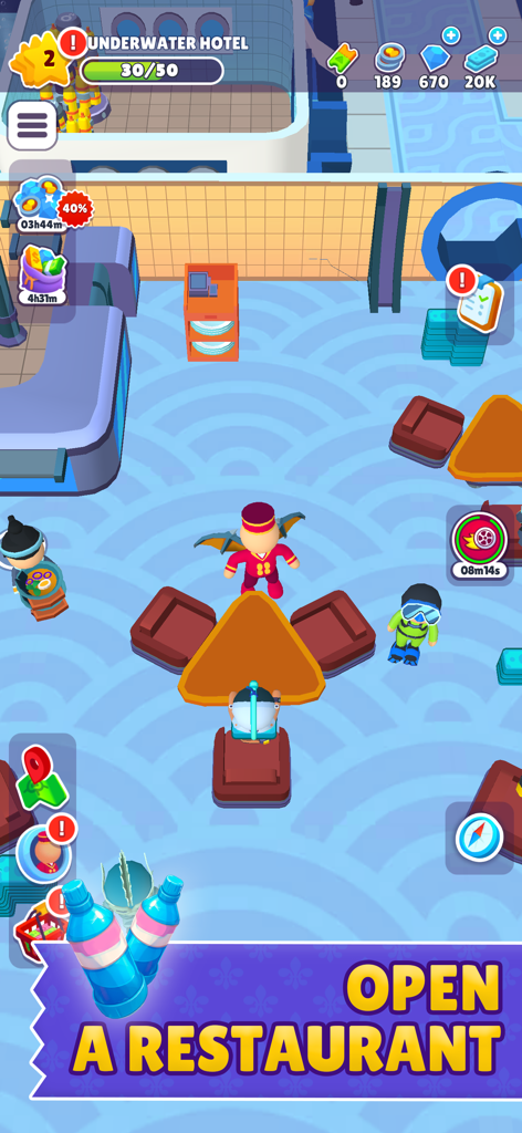 A gameplay screenshot of My Perfect Hotel showing a character managing a restaurant in an underwater hotel setting