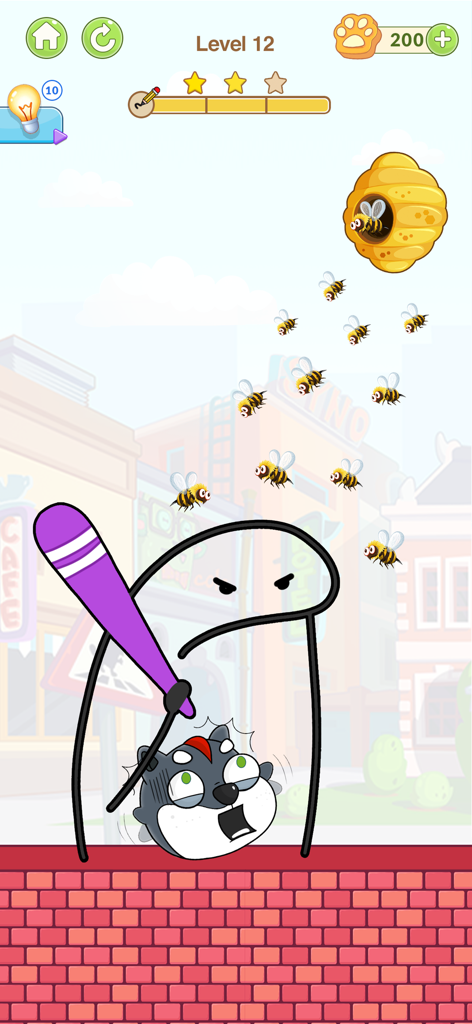 A brain puzzle game level where a player draws a shield to protect a dog from bees