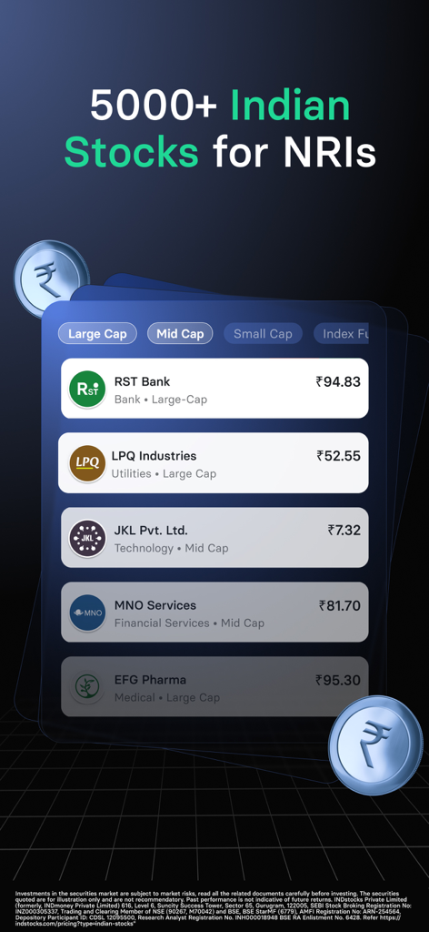 INDmoney - NRI Investing App - Uno schermo mobile che mostra un elenco di oltre cinquemila azioni indiane per investitori NRI sull'app INDmoney.