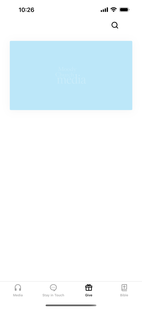 Screenshot of the Moody Media app showing the Give section and navigation menu