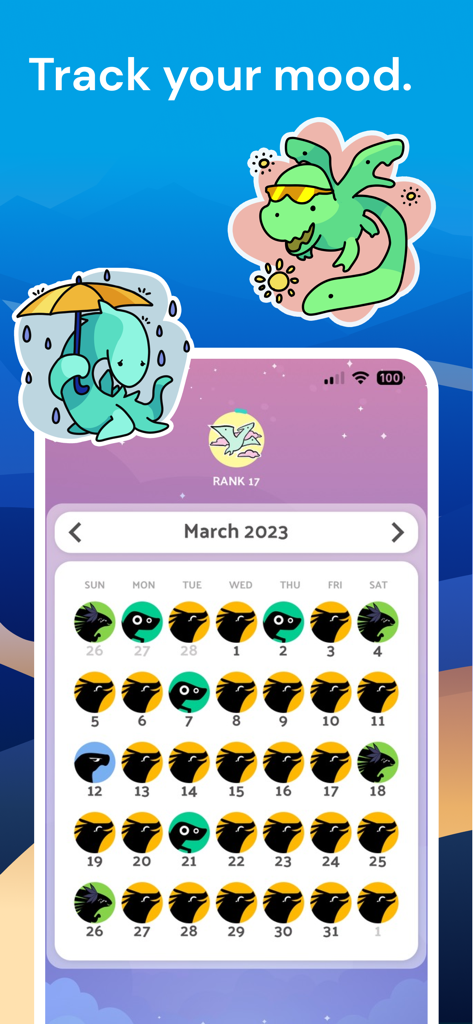 Voidpet Garden: Mental Health - Voidpet Gardenアプリの月間カレンダーインターフェース。さまざまな色の生き物のアイコンを使用して毎日の気分が追跡されています。