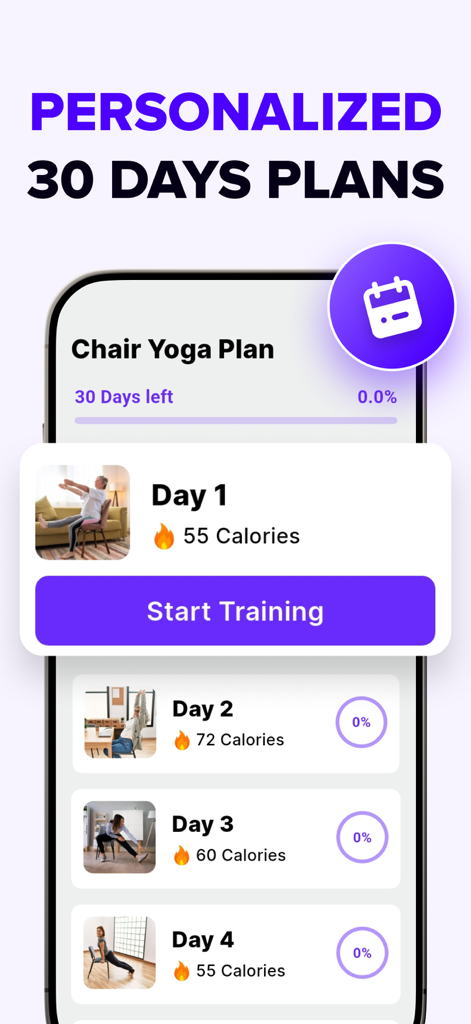 Tai Chi Walking & Chair Yoga - Plano personalizado de 30 dias de treino de yoga na cadeira para idosos com rotinas diárias e rastreamento de calorias