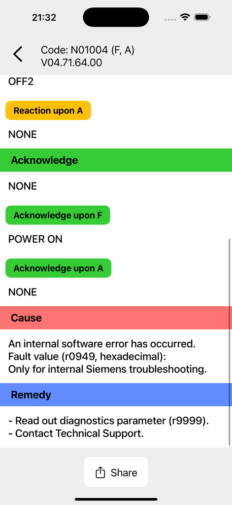 SINAMICS Fault Finder - Diagnostic screen for SINAMICS fault code N01004 showing cause and remedy