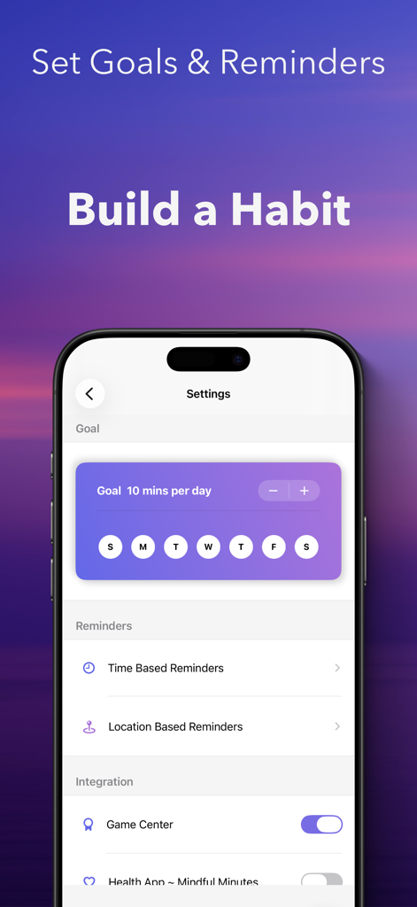 Box Breathing - Breathe Even - Einstellungen-Bildschirm zum Festlegen von täglichen Zielen und Erinnerungen in der Box Breathing App.