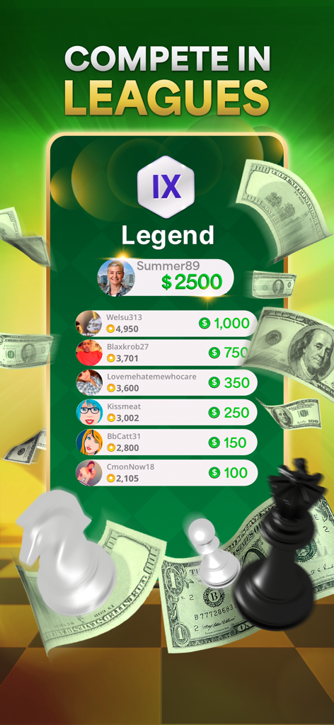 Chess Payday : Win Real Money - Tabla de clasificación de la aplicación Chess Payday que muestra a los mejores jugadores y premios en efectivo en la liga Legend