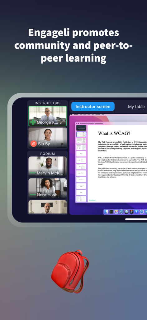 Engageli - Engageli app screen showing a virtual classroom with instructors and student podium feeds