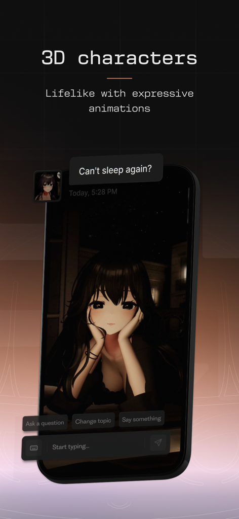 Otherhalf AI - Ein lebensechter 3D-Anime-Charakter interagiert über eine Chat-Oberfläche in der Otherhalf AI App.