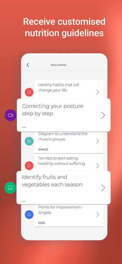 Interfaccia dell'app Harbiz che mostra un elenco di documenti professionali di salute e nutrizione, inclusi video sulla postura e consigli alimentari.