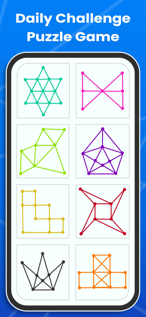 One Line - One Touch Puzzle - A collection of colorful geometric shapes in a dot-connect daily challenge puzzle game.
