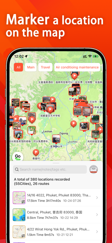 Map Marker：Pin, Track&Discover - Mobile App-Oberfläche, die mehrere Standort-Pins auf einer Karte mit einer Liste aufgezeichneter Routen und Städte anzeigt.