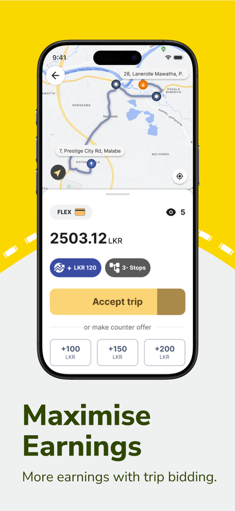 A mobile app interface for PickMe Driver showing a trip request with route map and counter-offer bidding options to maximize earnings