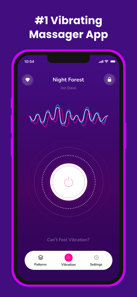 Écran principal de l'application Vibrateur avec un bouton d'alimentation et des ondes de vibration.