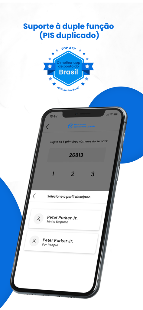 Meu Controle de Ponto Multi - Uma tela de aplicativo móvel para rastreamento de tempo mostrando um usuário selecionando entre dois perfis de empresa diferentes.