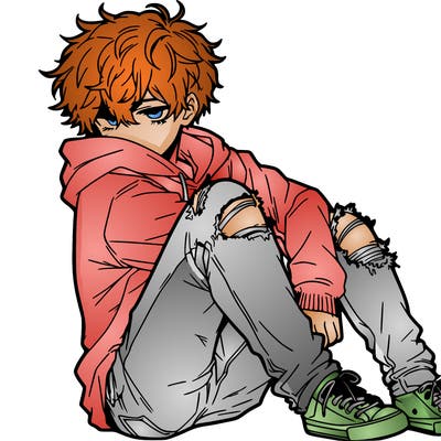 a male hoddie ripped jeans messy hair anime