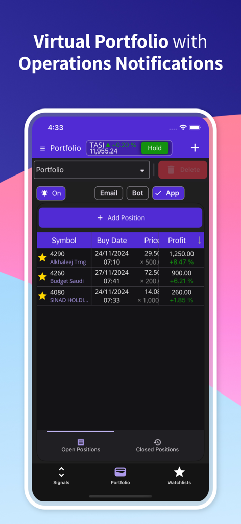 Bull Markets Today - Bull Markets Today mobile app virtual portfolio screen showing stock symbols and profit tracking