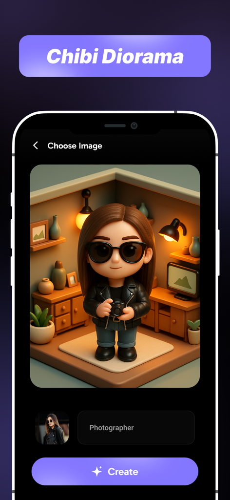 A mobile app interface displaying a 3D chibi miniature character as a photographer