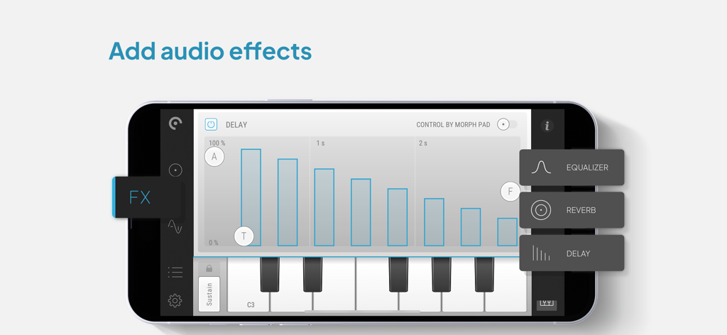 Pure Upright - Virtual Piano - Interfaccia dell'app Pure Upright che mostra i controlli dell'effetto audio delay su uno schermo di smartphone