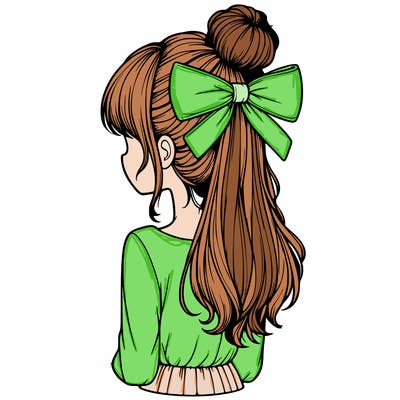 realistic girl  with hip length hair a bun and a big bow on the back of head