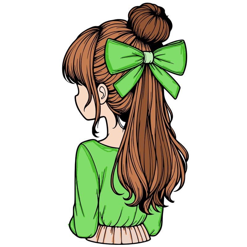 realistic girl  with hip length hair a bun and a big bow on the back of head