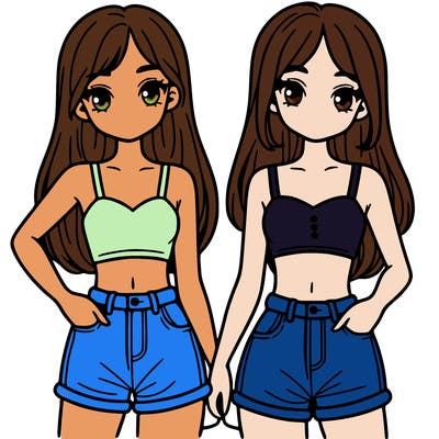 two sisters with crop tops and jean shorts and straight hair