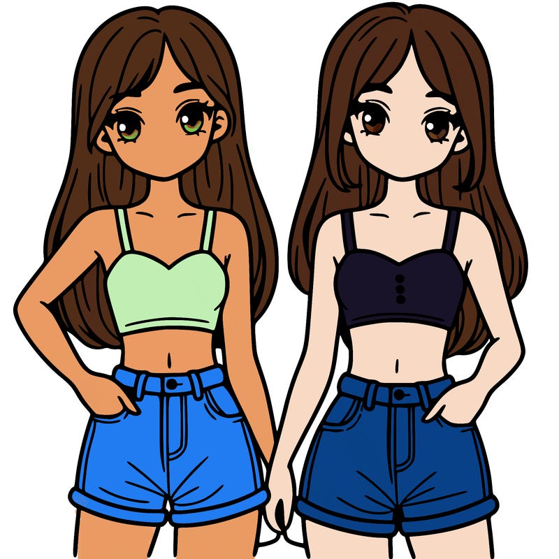two sisters with crop tops and jean shorts and straight hair