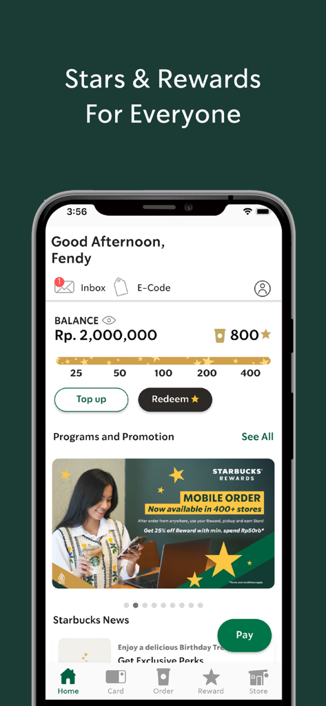Pantalla de inicio de la aplicación móvil Starbucks Indonesia que muestra el saldo de recompensas para miembros y el progreso de las estrellas de fidelidad.