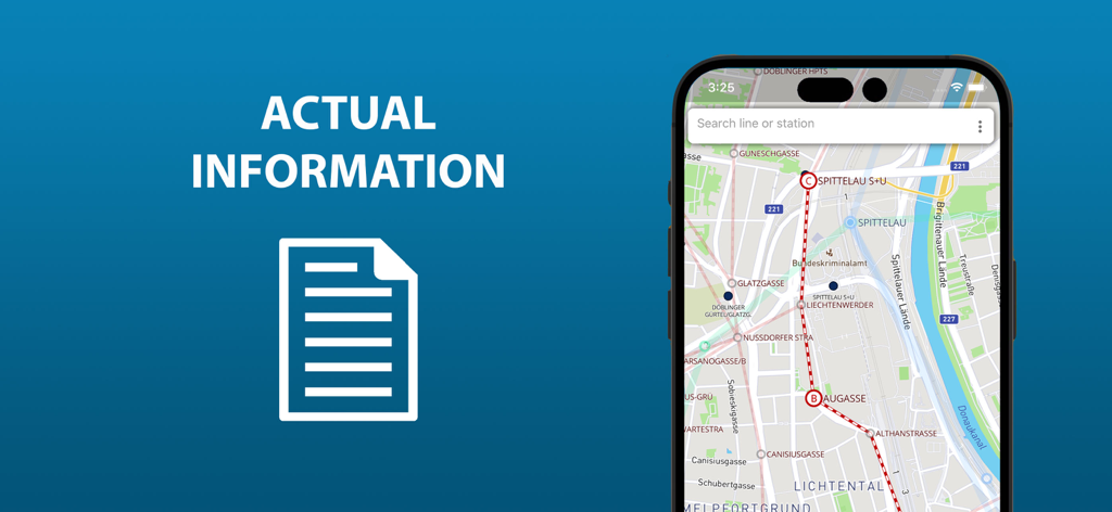 Public transport map Vienna - Smartphone screen displaying the Vienna public transport map with a highlighted route and search bar