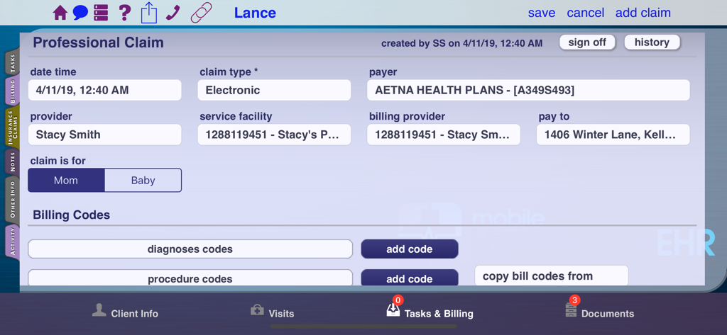 Mobile Healthcare EHR - Electronic insurance claim form in the Mobile Healthcare EHR app showing provider and billing details
