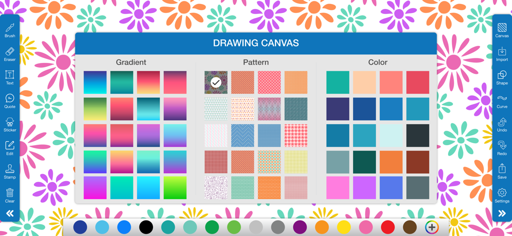 Doodle • Art - Menu di selezione tela di disegno dell'app Doodle Art che mostra opzioni di sfondo con motivo sfumato e colore solido